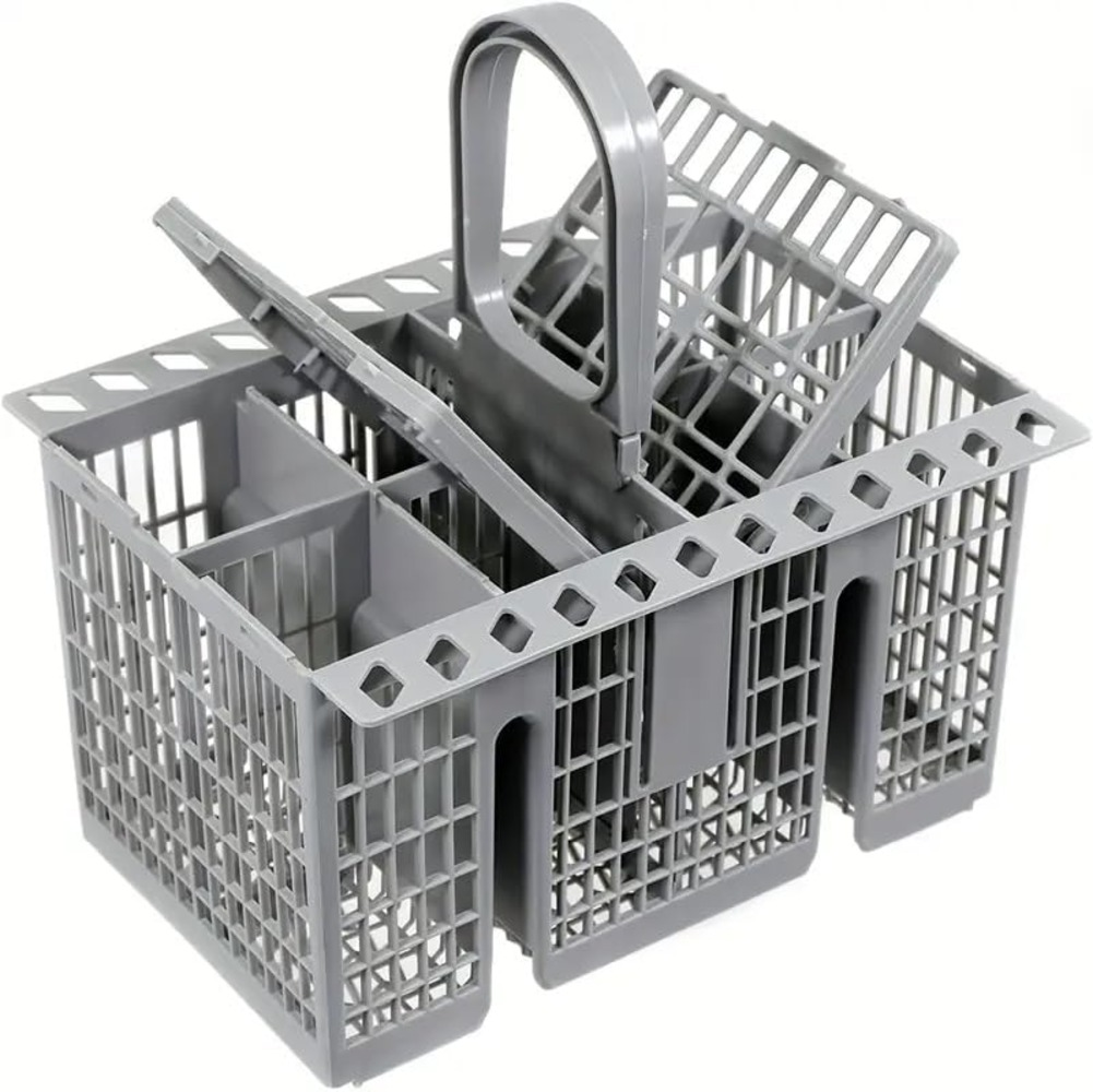 Una cesta gris para cubiertos de lavavajillas con asa, compartimentos y tapas abatibles. Está vacía y lista para usar.