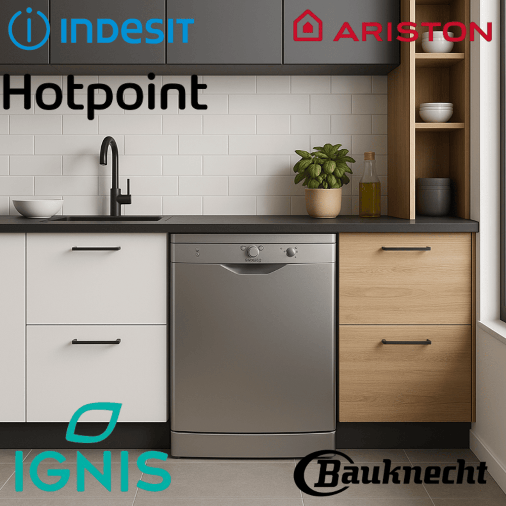 Escena de cocina con lavavajillas, fregadero, armarios y logotipos de Indesit, Ariston, Hotpoint, Ignis y Bauknecht.
