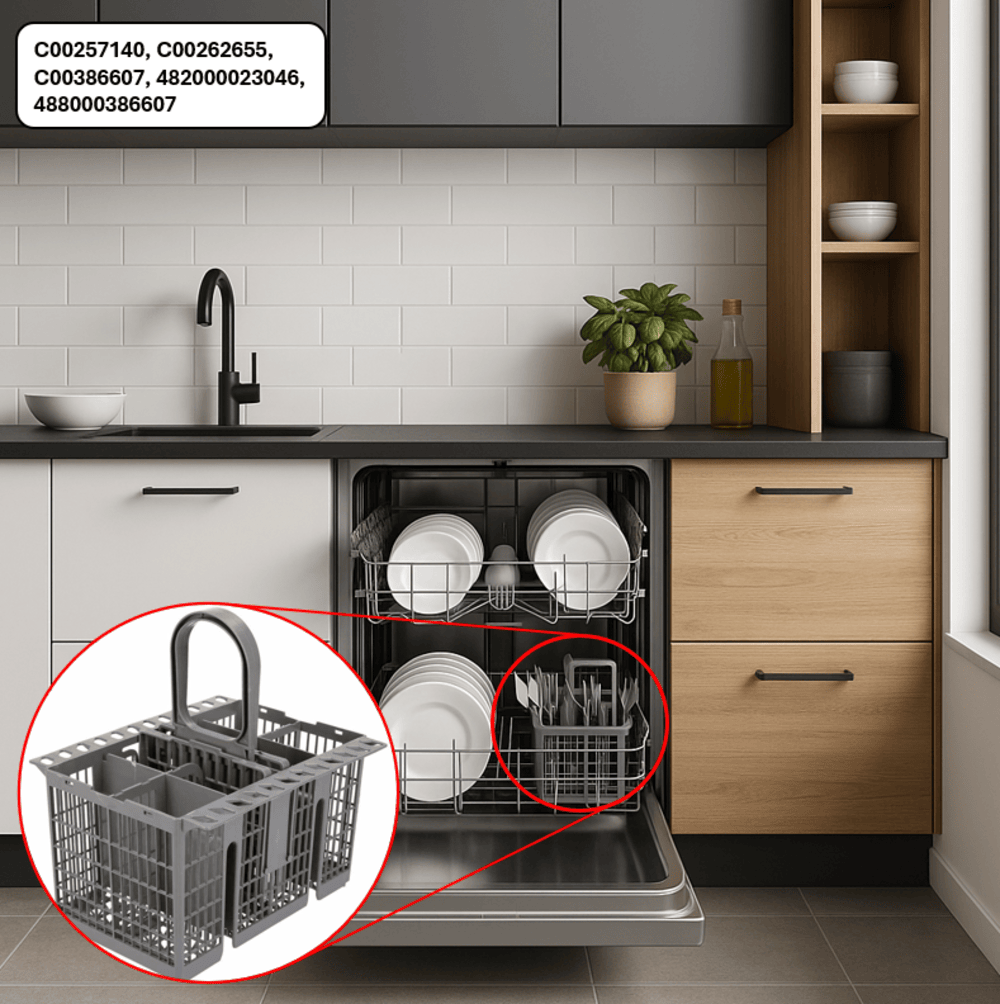 Un lavavajillas con platos y cubiertos. Una cesta gris para cubiertos está en el foco. La cocina tiene un protector contra salpicaduras de azulejos blancos y armarios de madera.
