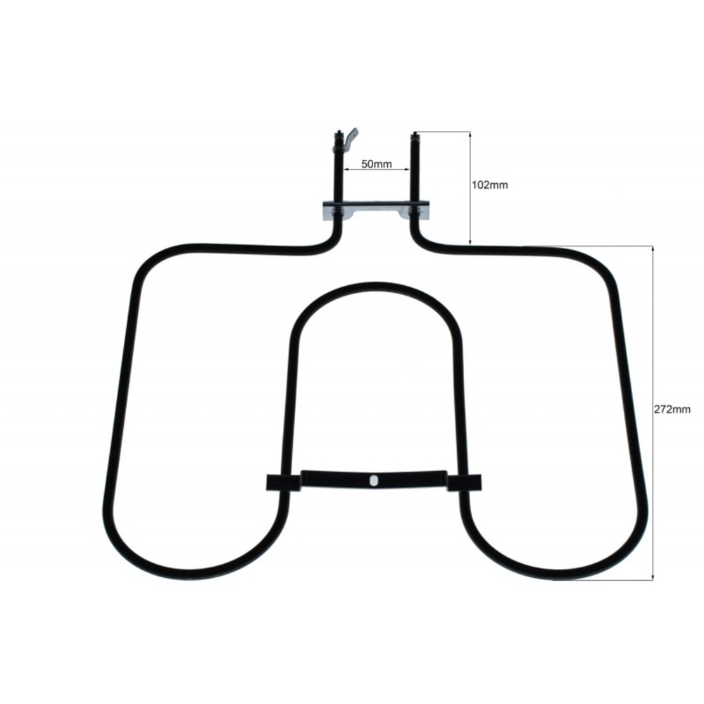 Un elemento calefactor negro para horno con medidas. Tiene forma de 'H' estilizada con lados redondeados.