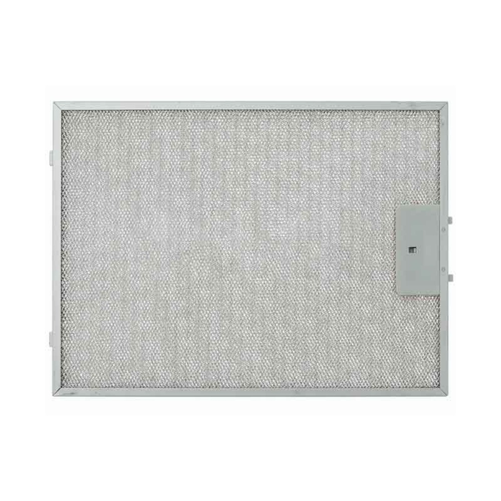 Filtro de malla metálica rectangular, con marco gris y una pequeña parte rectangular gris en el lado derecho.