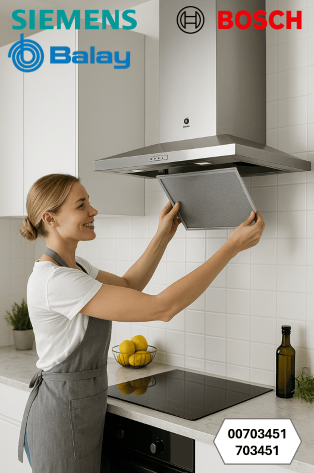 Una mujer quita el filtro de una campana extractora en una cocina. Hay limones, una estufa y aceite en la encimera.