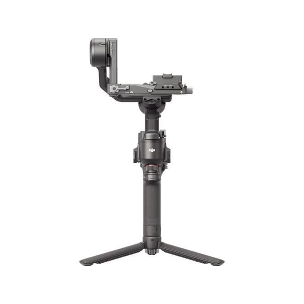 Siyah bir DJI Ronin gimbal, kameraları dengelemek için tasarlanmış, beyaz bir arka plan üzerinde bir tripod tabanında duruyor.
