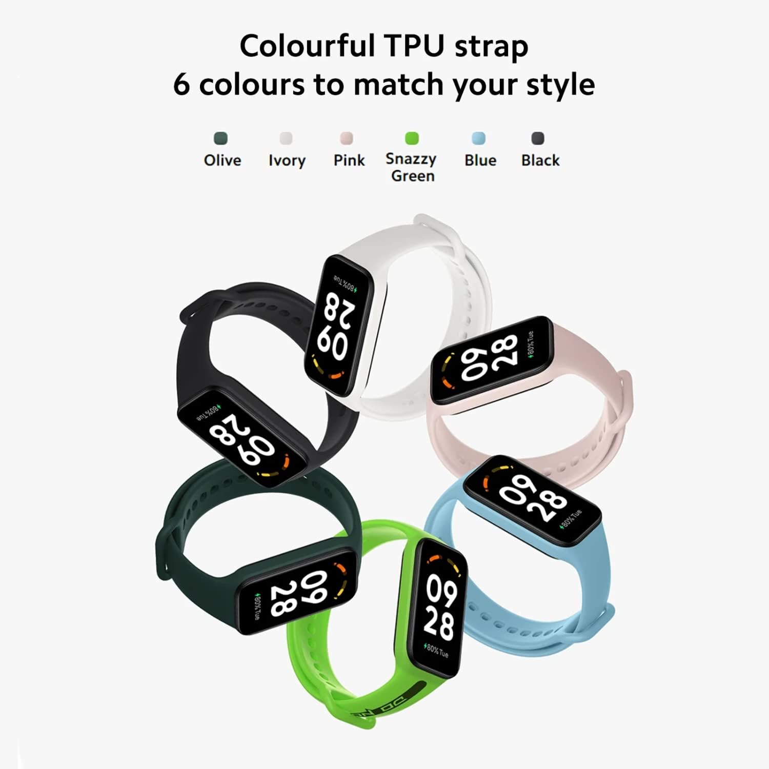 Seis smartwatches con correas de diferentes colores. Los colores incluyen negro, blanco, rosa, azul, verde y oliva.