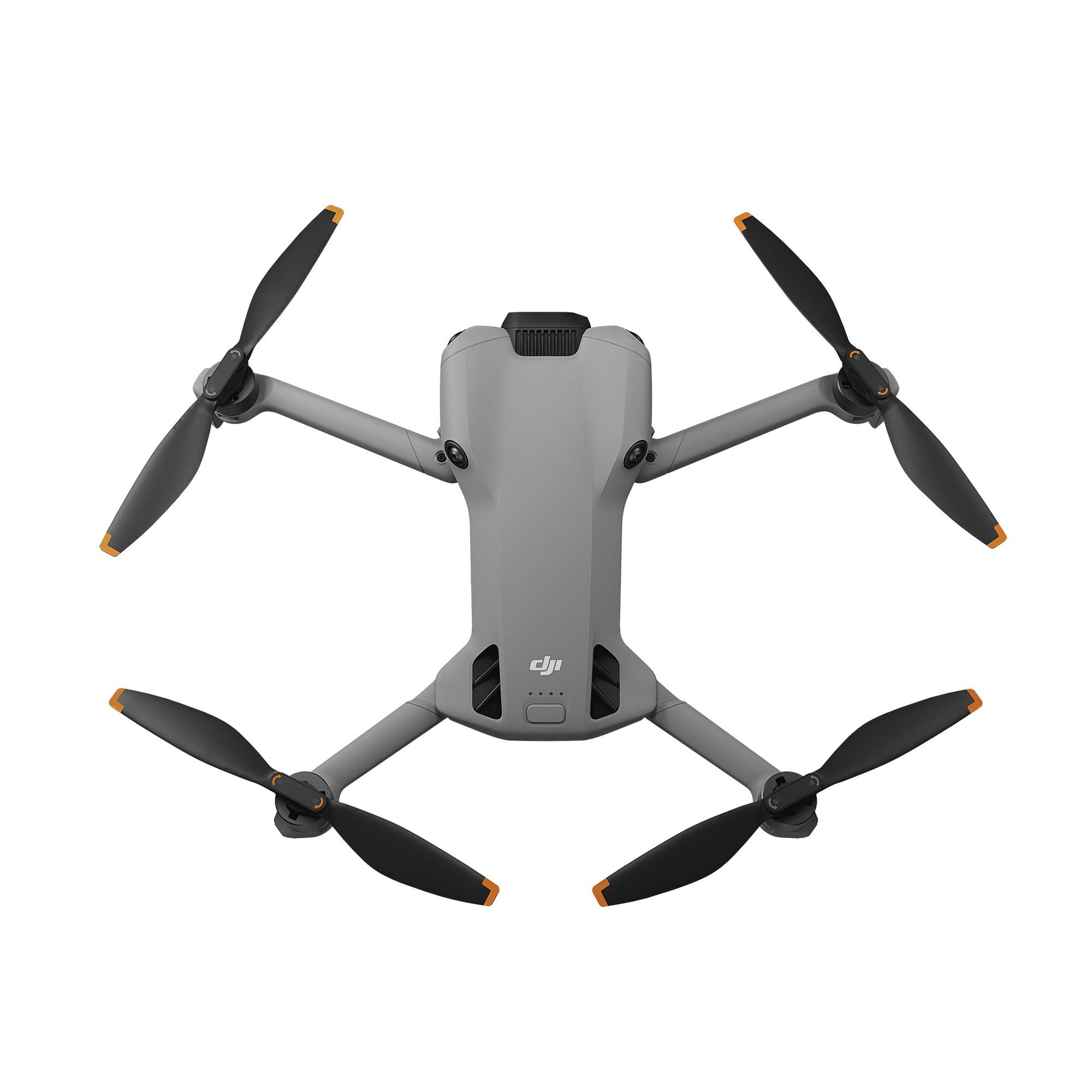 Yeşil bir arka plan üzerinde, dört siyah pervanesi, turuncu uçlar ı ve DJI logosu olan gri bir drone.
