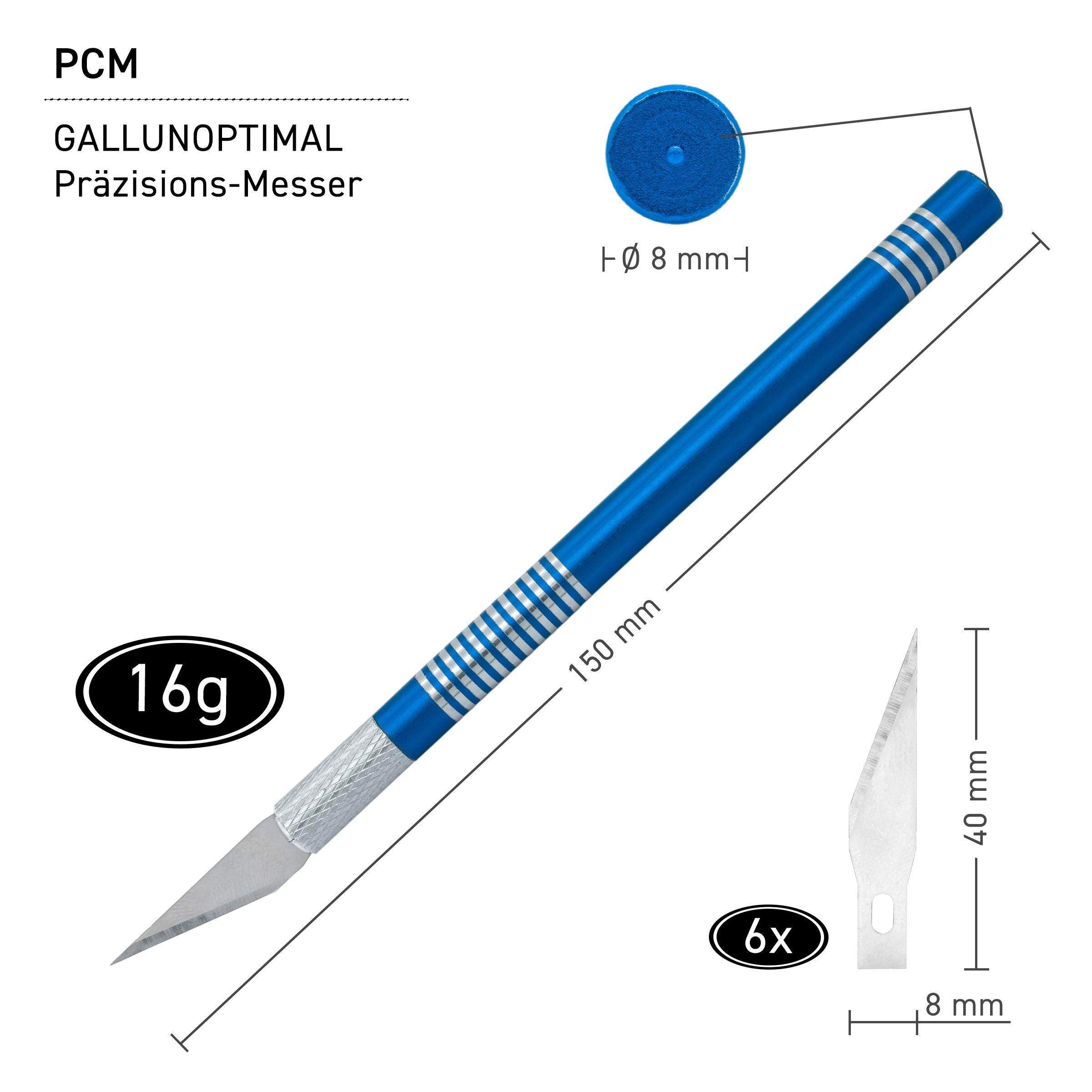Ein blaues Präzisionsmesser mit Klinge, einem blauen Deckel und einer Ersatzklinge. Texte sind '16g' und '6x'.