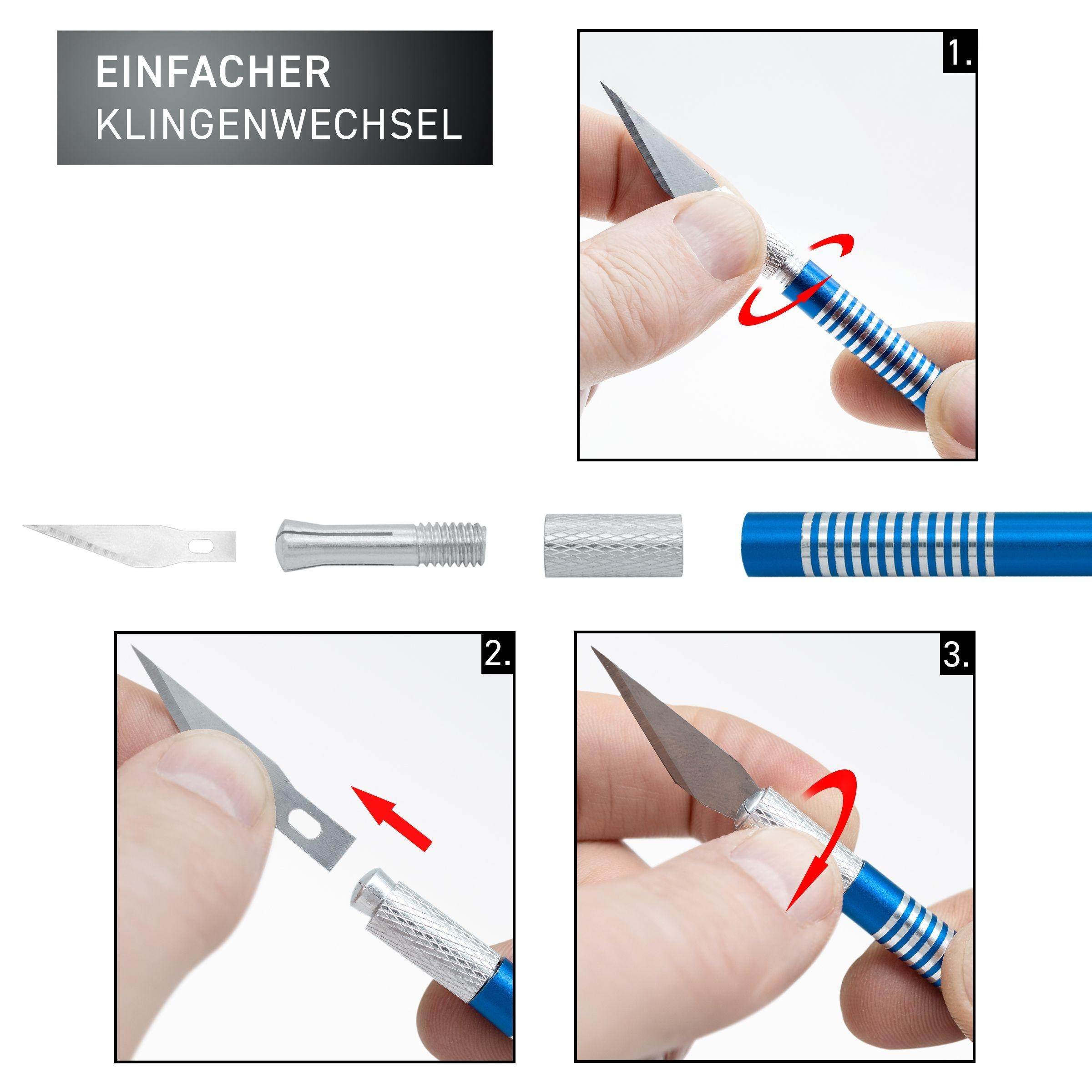 Das Bild zeigt, wie man eine Klinge in einem Bastelmesser wechselt. Schritte werden mit Klinge, Griff und Hand gezeigt.