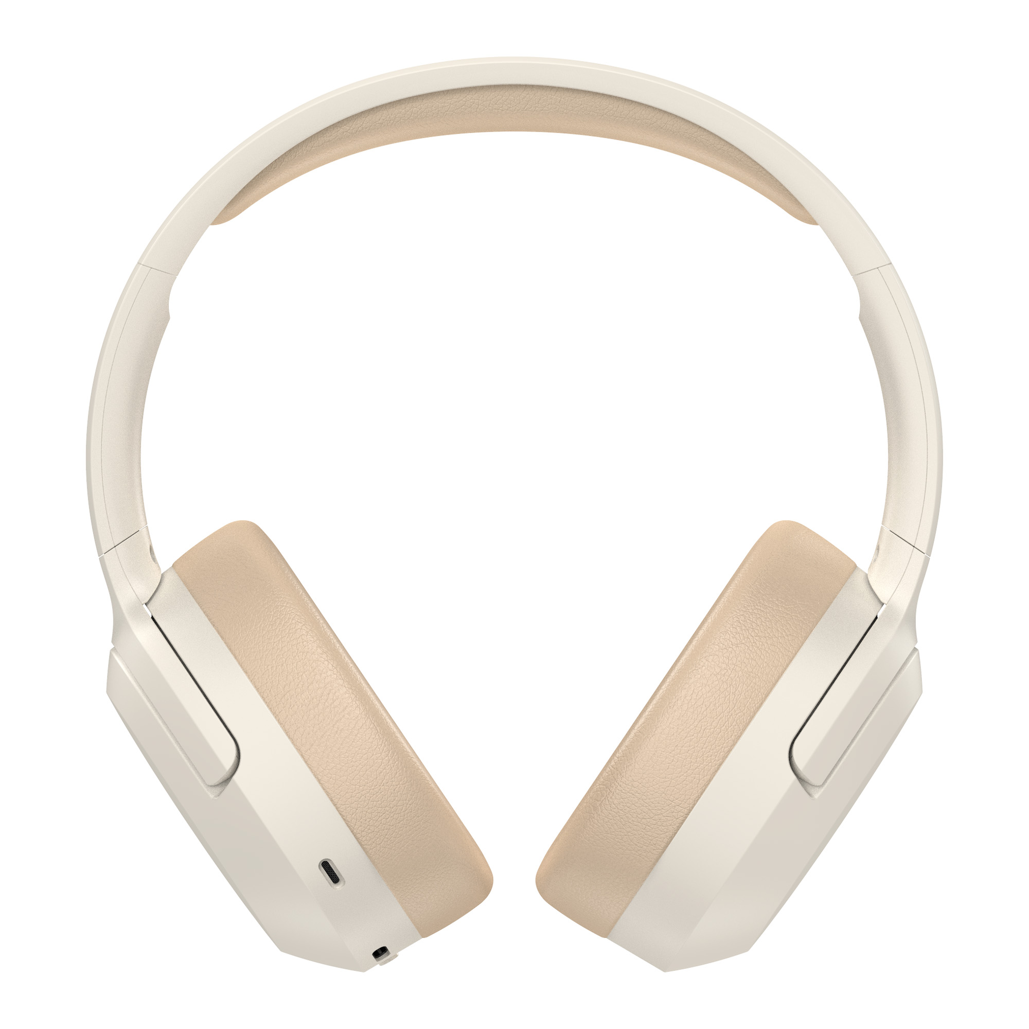 Kremowe słuchawki, nauszniki i pałąk wyściełane beżową skórą. Białe tło.