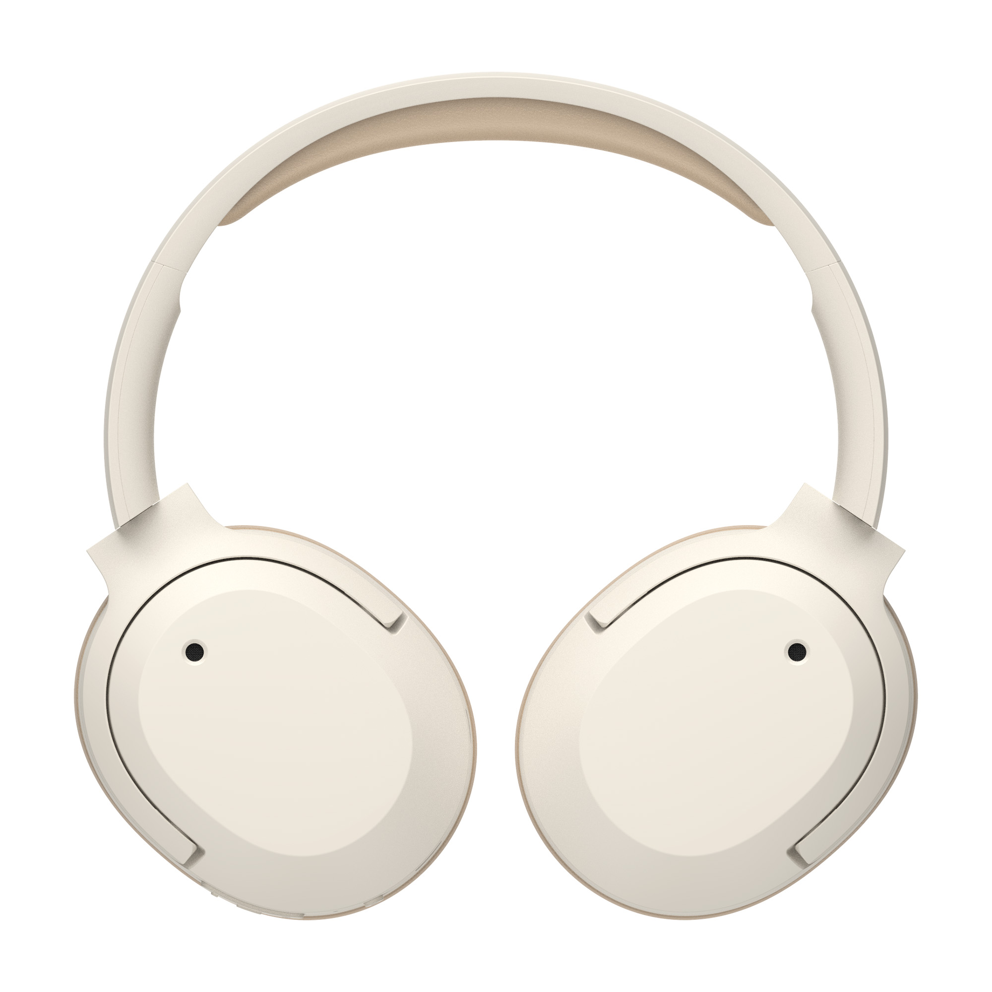 Beżowe słuchawki z pałąkiem i nausznikami, na białym tle. Każdy nausznik ma małą czarną kropkę.