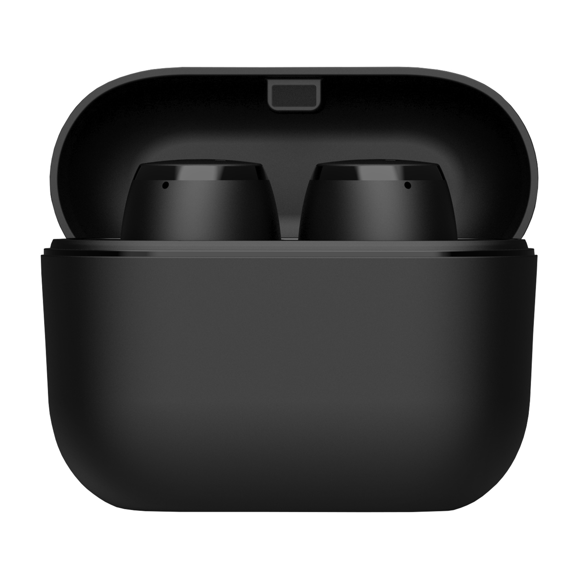 Czarny, otwarty futerał na słuchawki z dwoma słuchawkami w środku. Obudowa ma owalny kształt. Słuchawki są czarne.