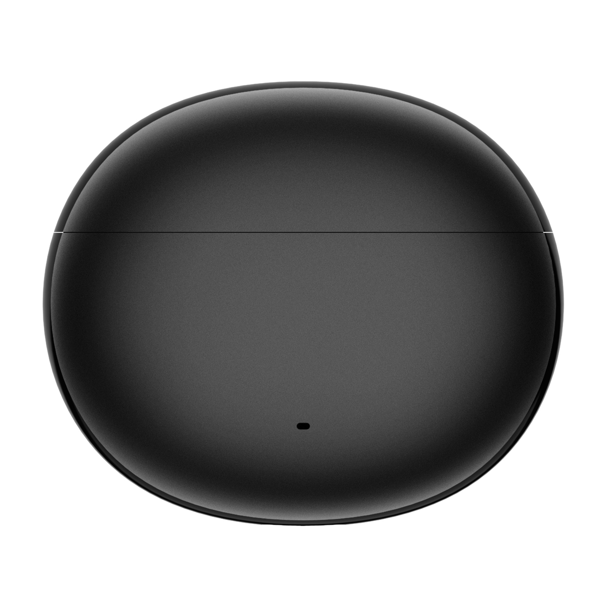 Czarny, owalny futerał ładujący do słuchawek, widok z góry, z małą kropką na dole i linią pośrodku.