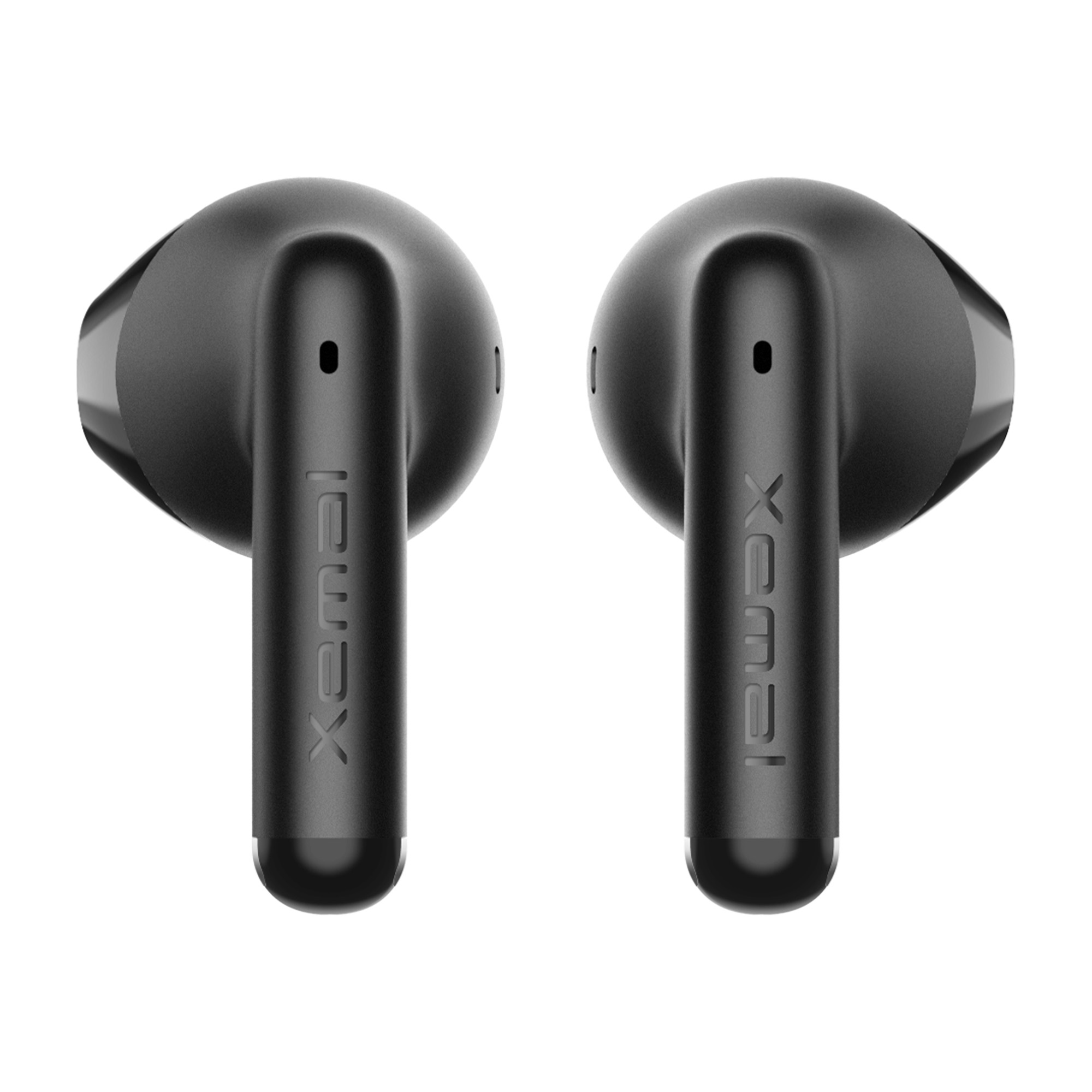 Dwie czarne słuchawki Xemal na białym tle. Każda ma trzonek z napisem 'xemal'.