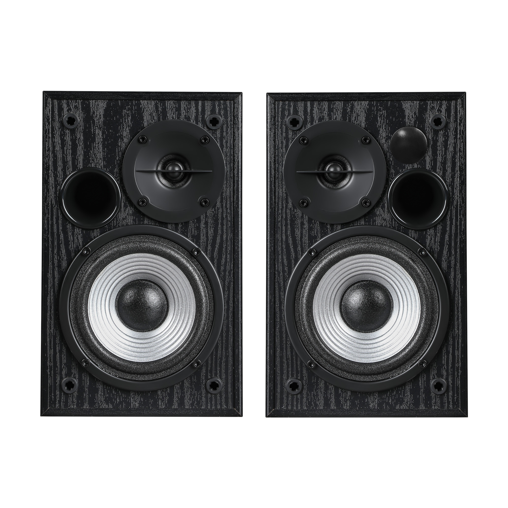 Dwa czarne głośniki. Każdy ma głośnik niskotonowy, wysokotonowy i port. Tło jest białe.