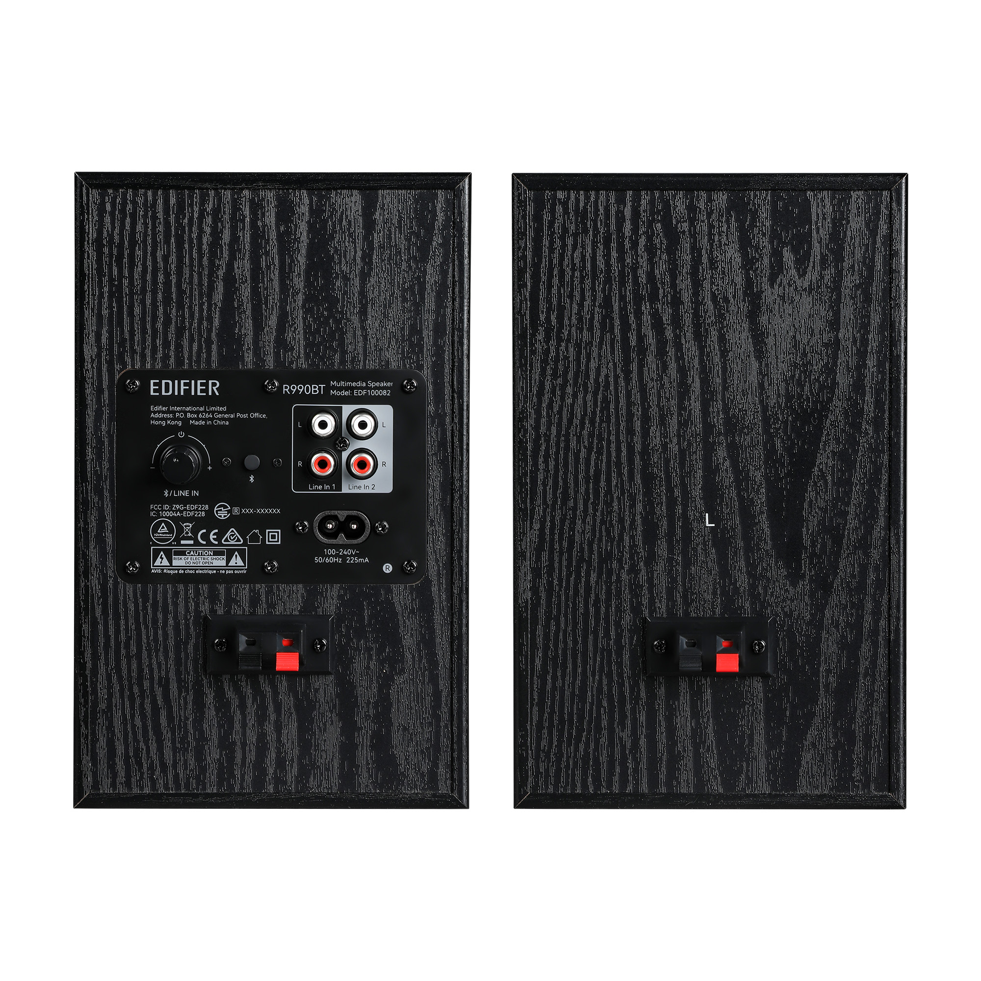 Dwa czarne głośniki z fakturą słojów drewna. Jeden ma elementy sterujące, drugi złącze głośnikowe.