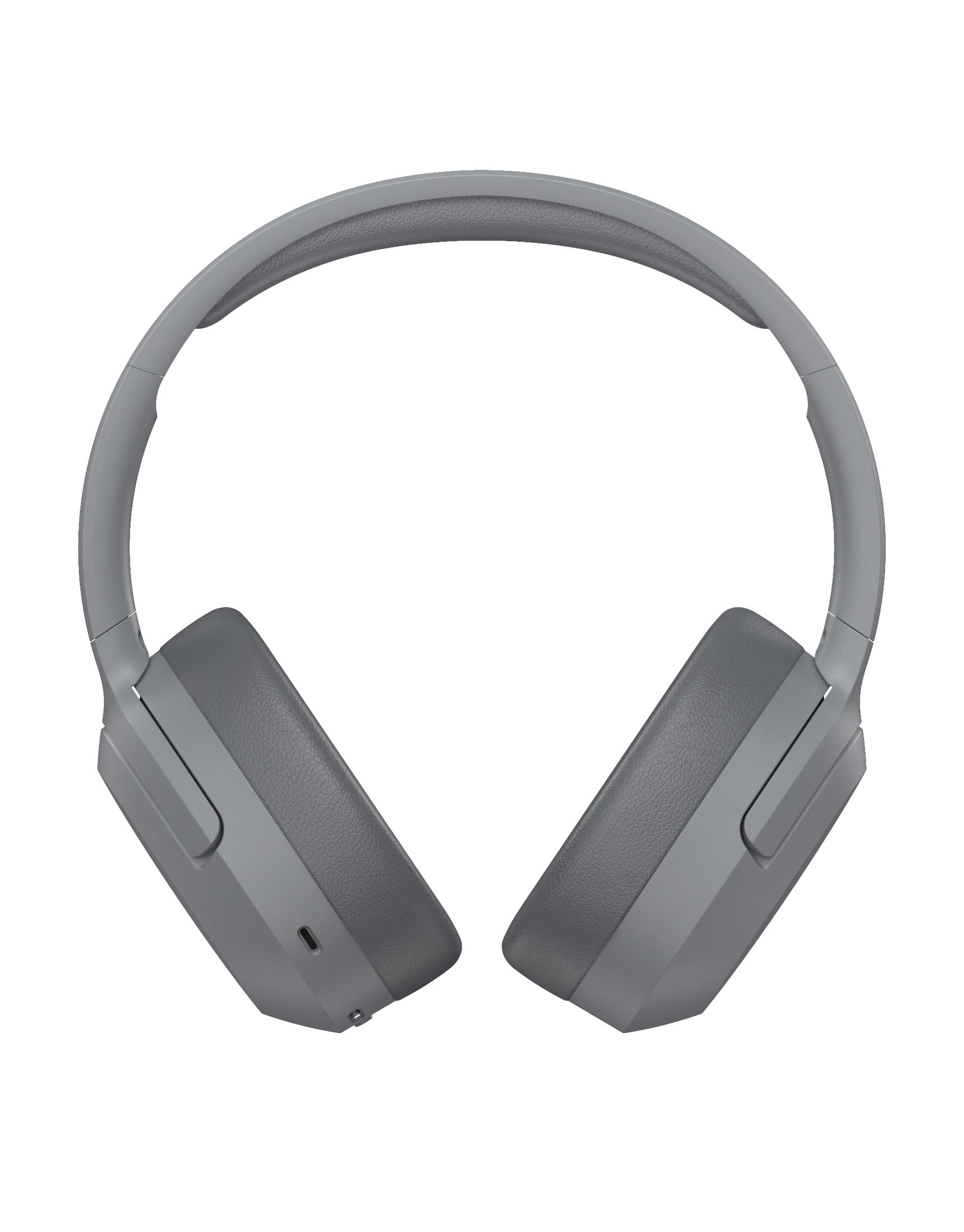 Para szarych słuchawek jest odizolowana na białym tle. Słuchawki są wyśrodkowane, pokazując obie słuchawki i pałąk.