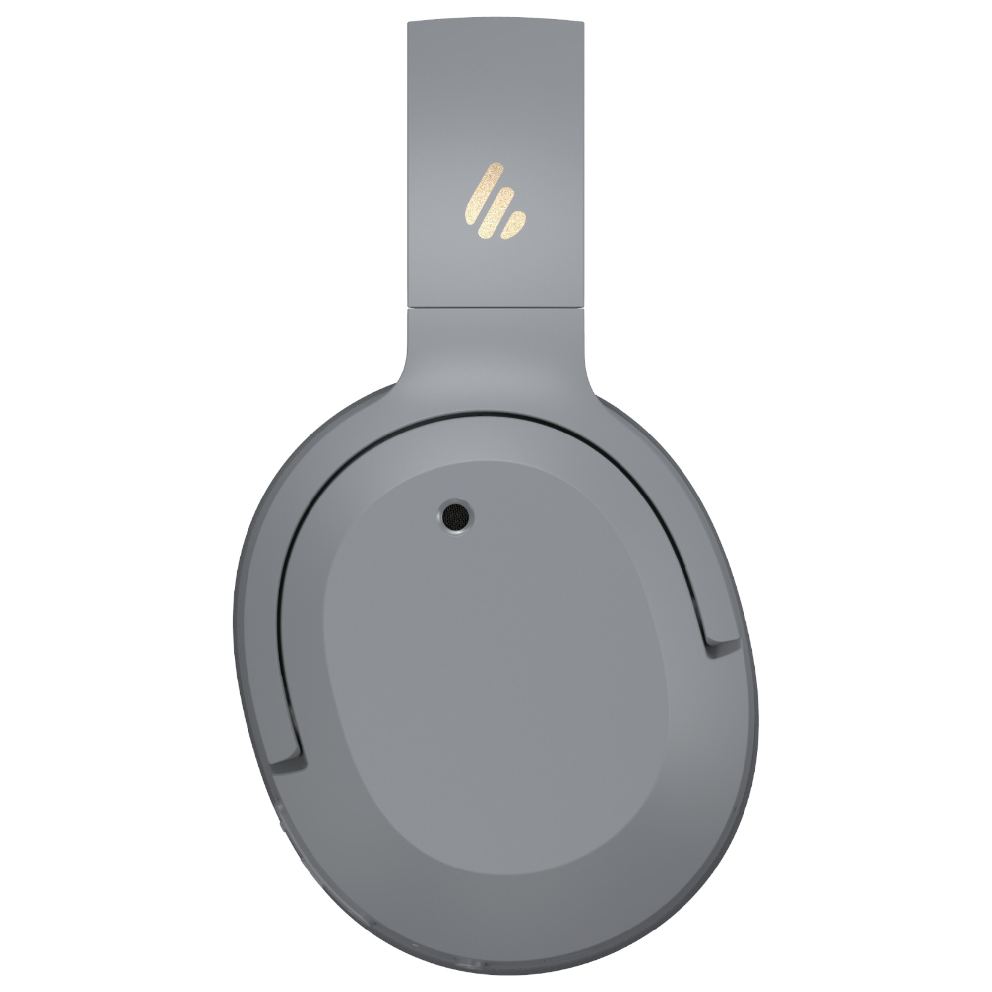 Szare słuchawki ze złotym logo na białym tle. Widoczne nauszniki i pałąk. Zdjęcie studyjne.