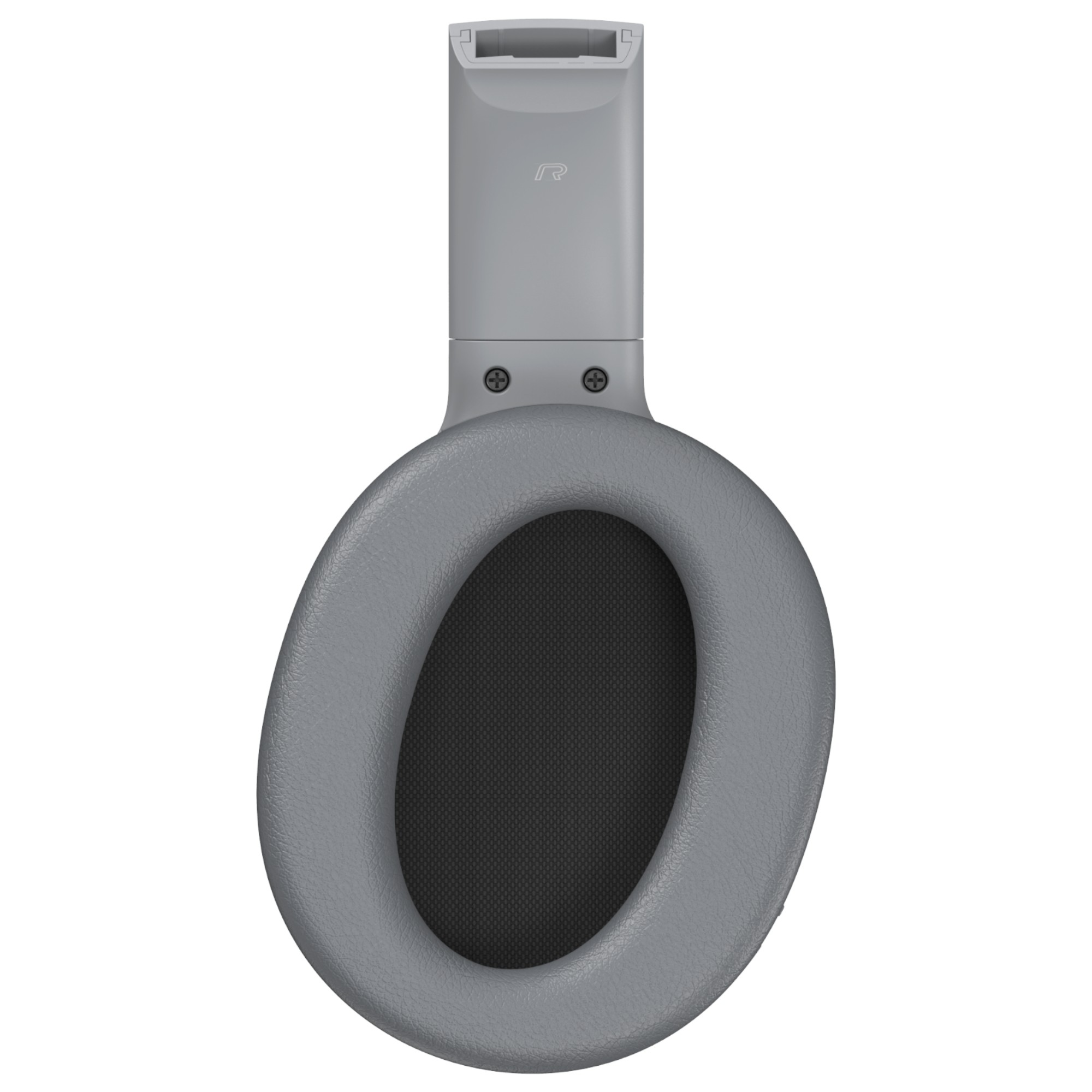 Zbliżenie szarych słuchawek. Muszla uszna jest owalna z czarnym wnętrzem. Pałąk również jest szary.