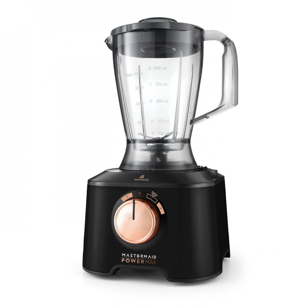 Şeffaf sürahi ve kulplu siyah bir blender. Bakır renkli bir kadranı ve 'MASTERMAID POWERMAX' markası var.
