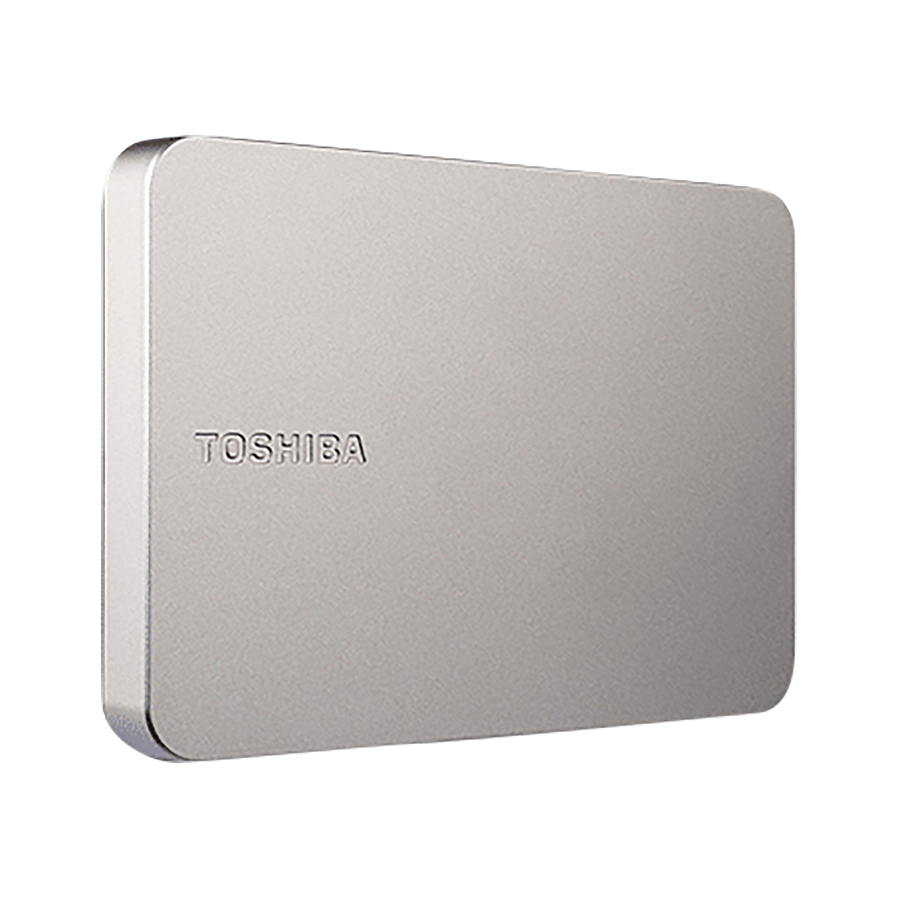 A silver Toshiba external hard drive. The brand name is embossed. Rounded corners and a smooth surface.