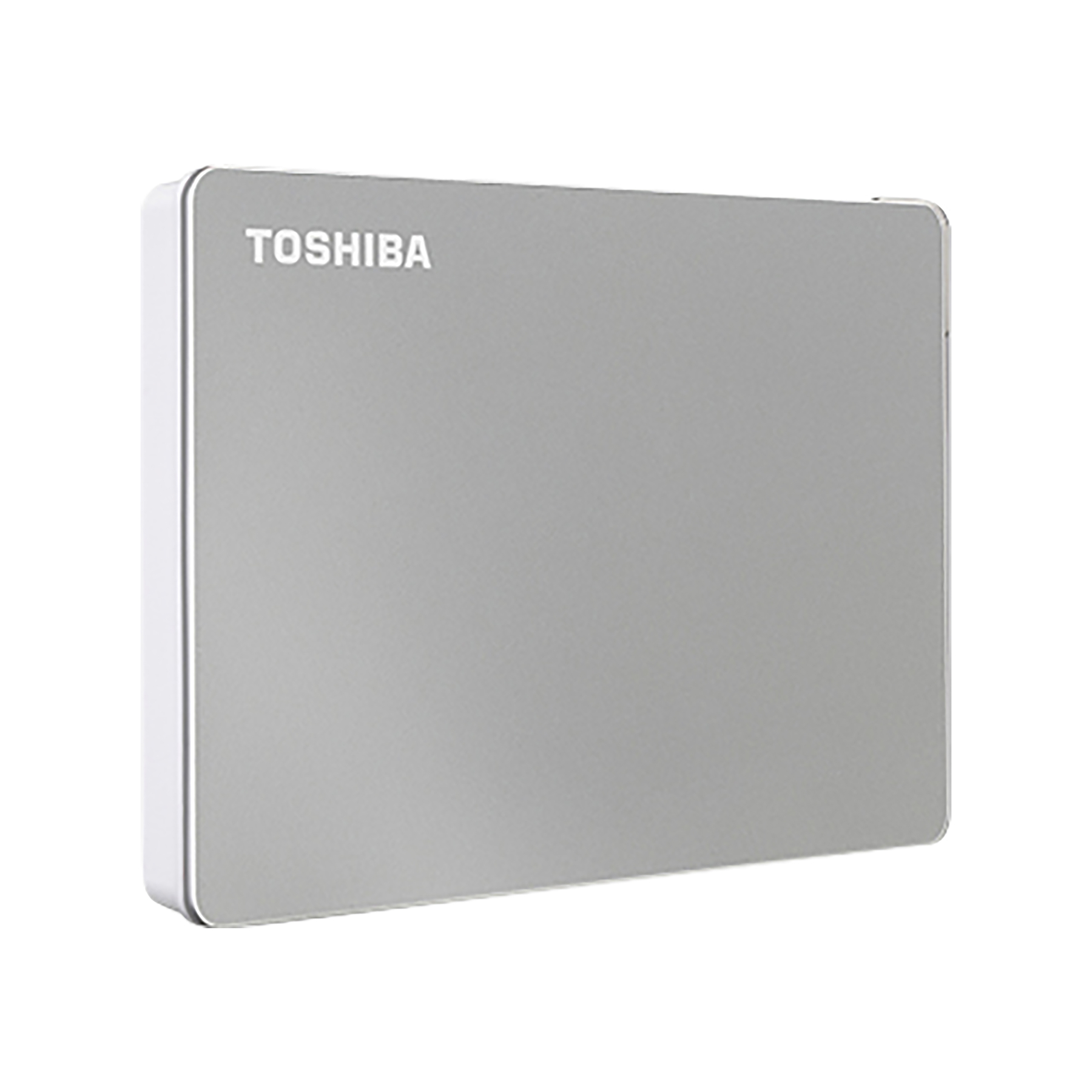 A silver Toshiba external hard drive. The brand name is printed on the top left corner.