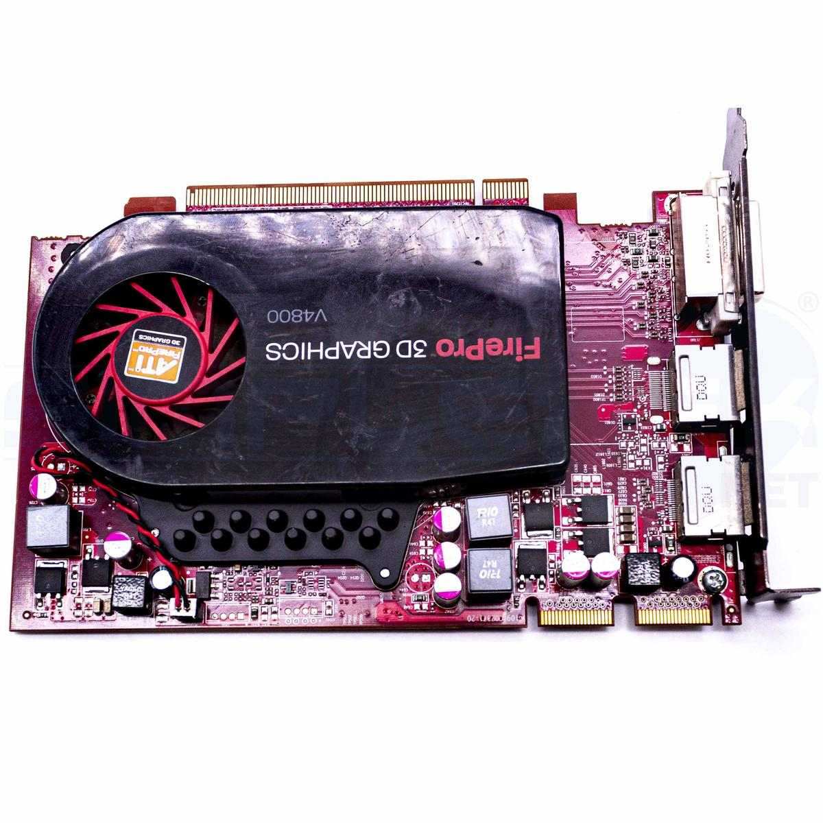 Una scheda grafica FirePro 3D Graphics V4800 con ventola nera e dettagli rossi, su sfondo bianco.