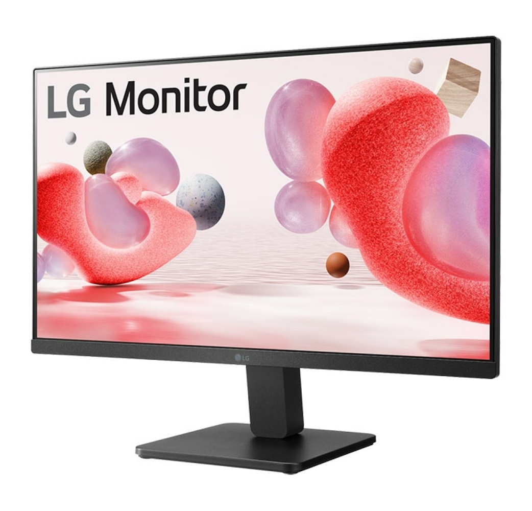 Monitor LG wyświetla abstrakcyjne kształty w kolorze czerwonym i różowym na jasnym tle. Monitor jest czarny z czarną podstawą.