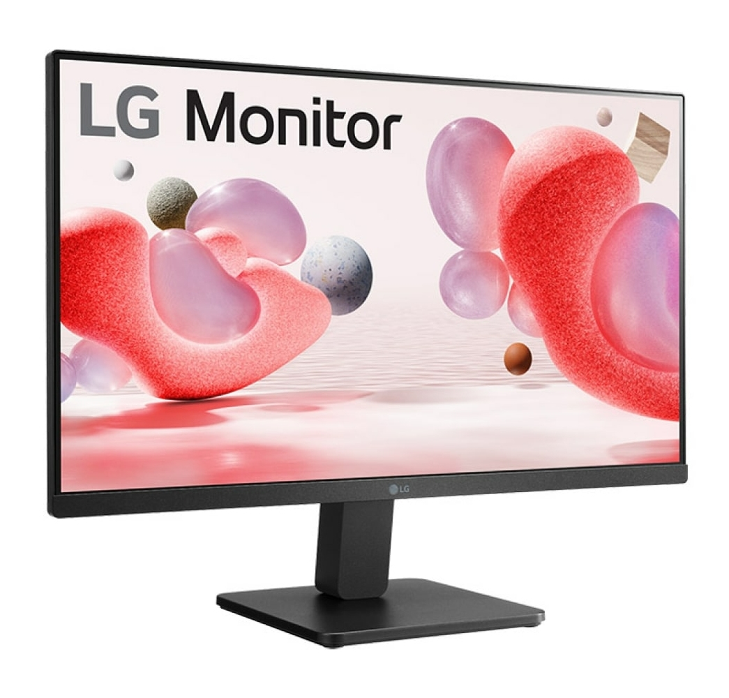 Monitor LG wyświetla abstrakcyjne kształty w kolorach czerwonym, różowym i brązowym na różowo-białym tle. Monitor ma czarną podstawę.