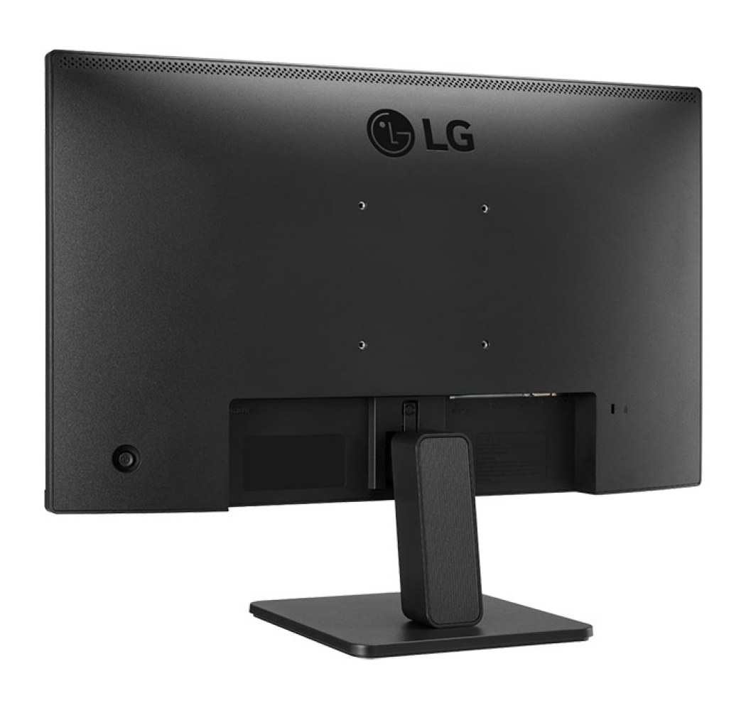 Tył czarnego monitora LG. Stojak jest przymocowany. Logo LG jest widoczne. Widoczne są różne porty z tyłu.