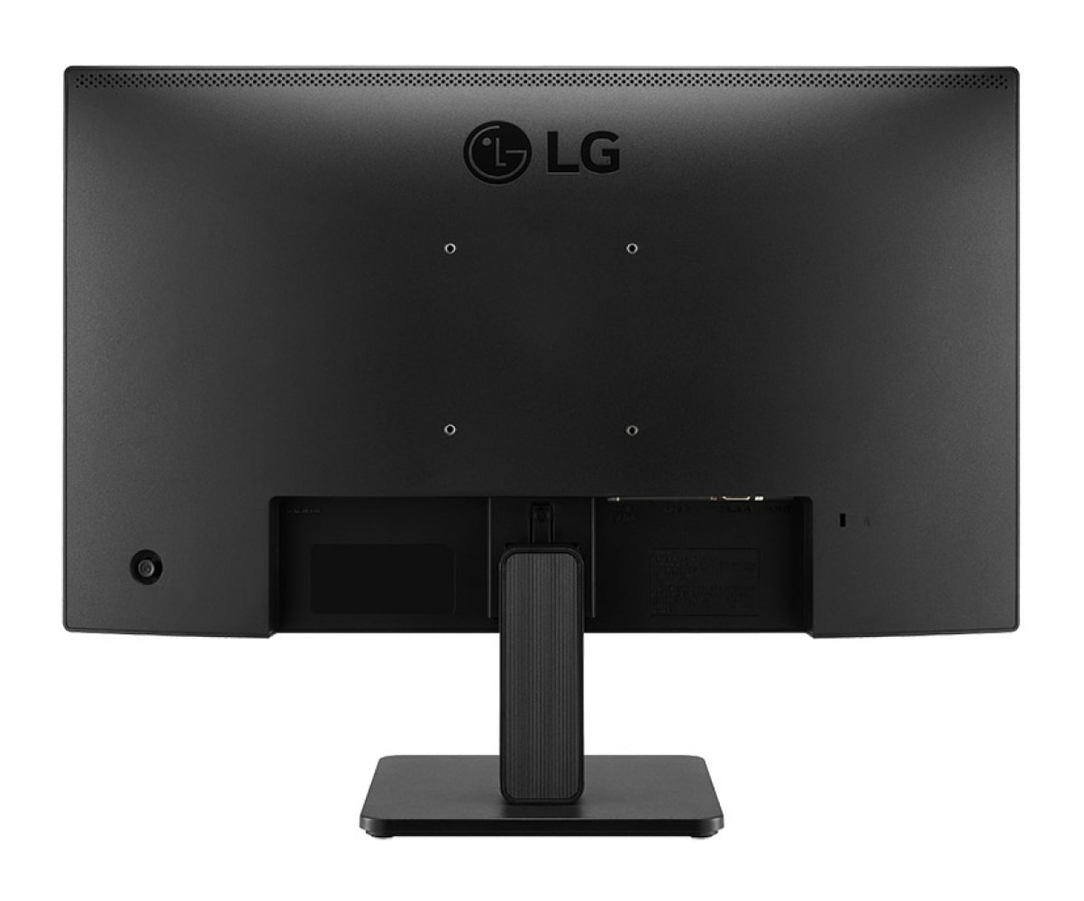 Tył czarnego monitora LG. Ma podstawę i widoczne są różne porty. Logo LG znajduje się na górze pośrodku.