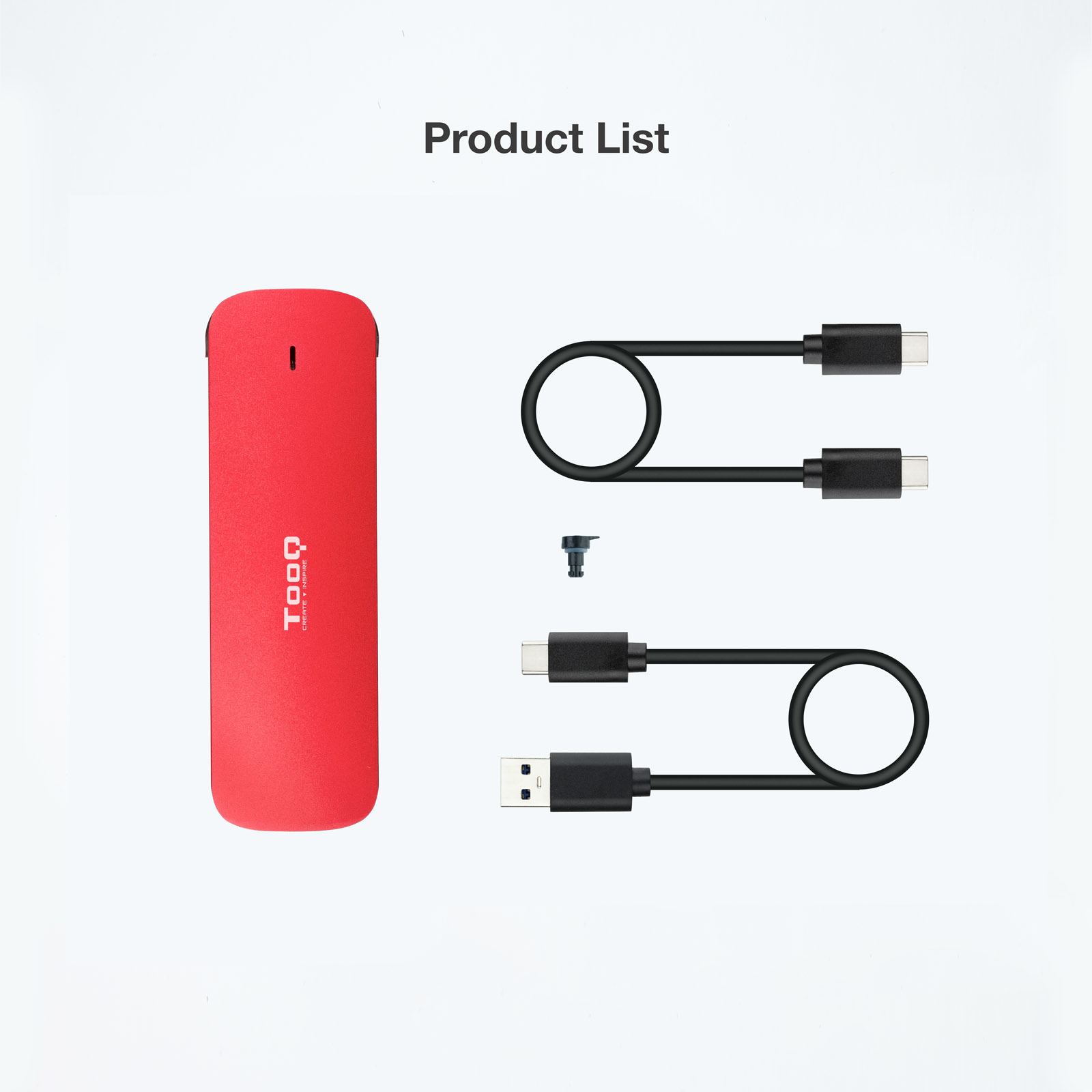 Dispositivo Tooq rojo, cables negros con conectores USB-C y USB y un tornillo pequeño sobre fondo blanco.