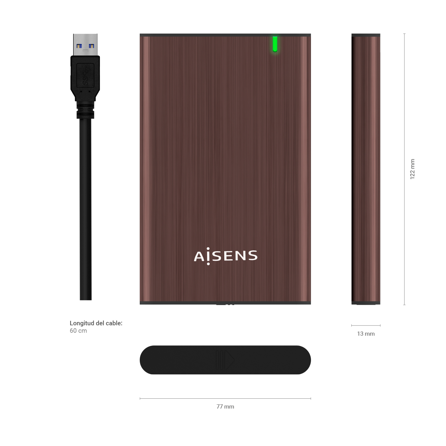 Un disco duro externo marrón con cable USB, dimensiones y nombre de la marca. Un soporte negro debajo del disco.