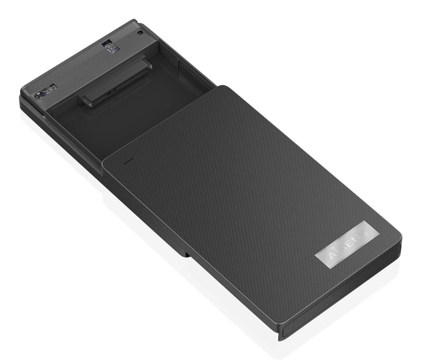 Carcasa externa negra para disco duro con tapa abierta. La tapa tiene una superficie texturizada y la marca 'AISENS'.
