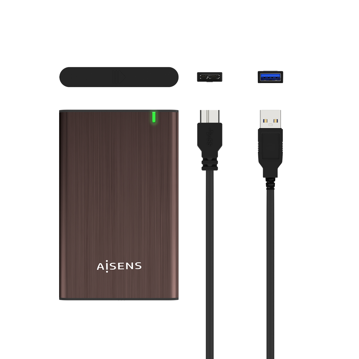 Disco duro externo marrón con cables y conectores sobre fondo blanco. Incluye un cable USB-C y USB negro.