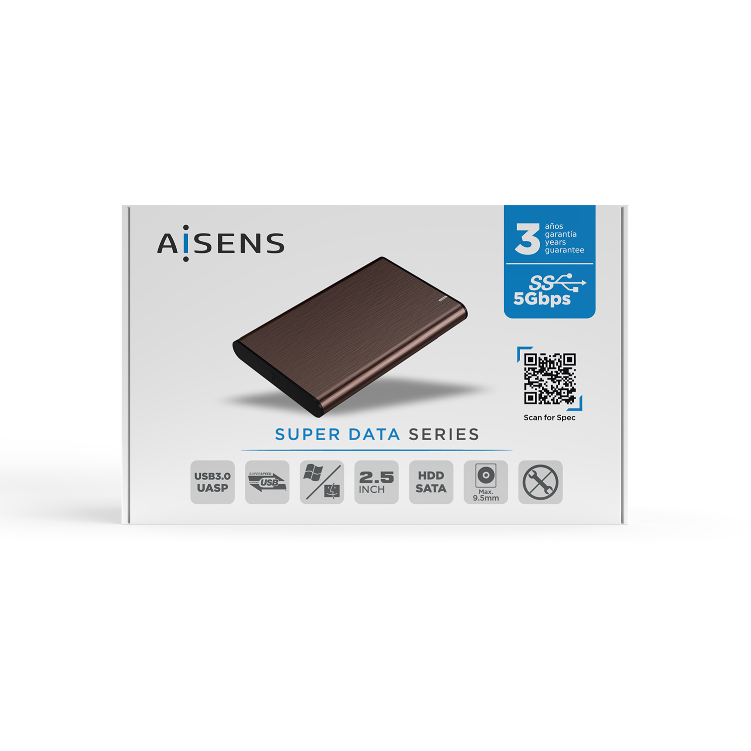 Un disco duro externo marrón en una caja blanca, con la etiqueta 'SUPER DATA SERIES'. Incluye USB 3.0, 2,5 pulgadas y 3 años de garantía.