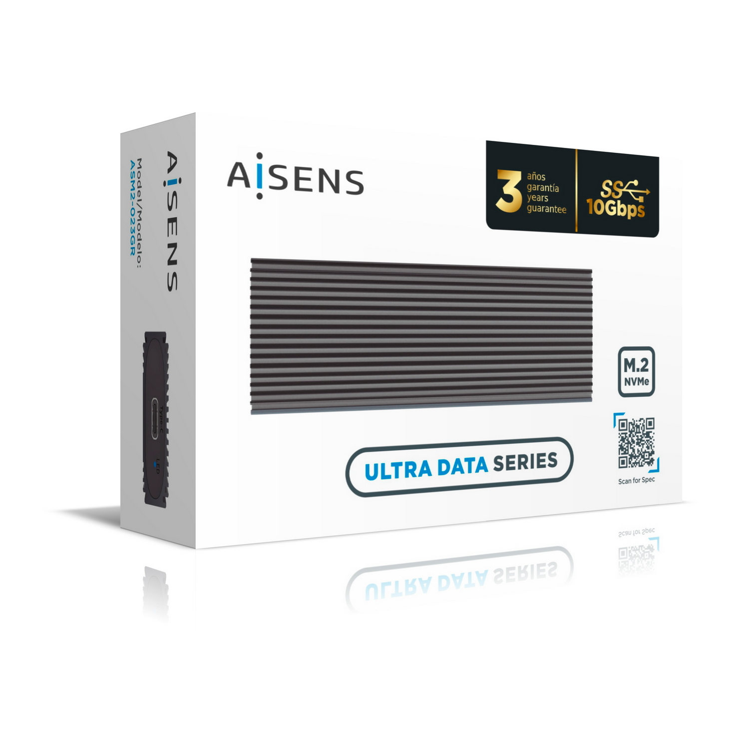 Caja de producto 'Aisens'. Muestra un SSD negro. Texto menciona 'Ultra Data Series' y '10Gbps'.
