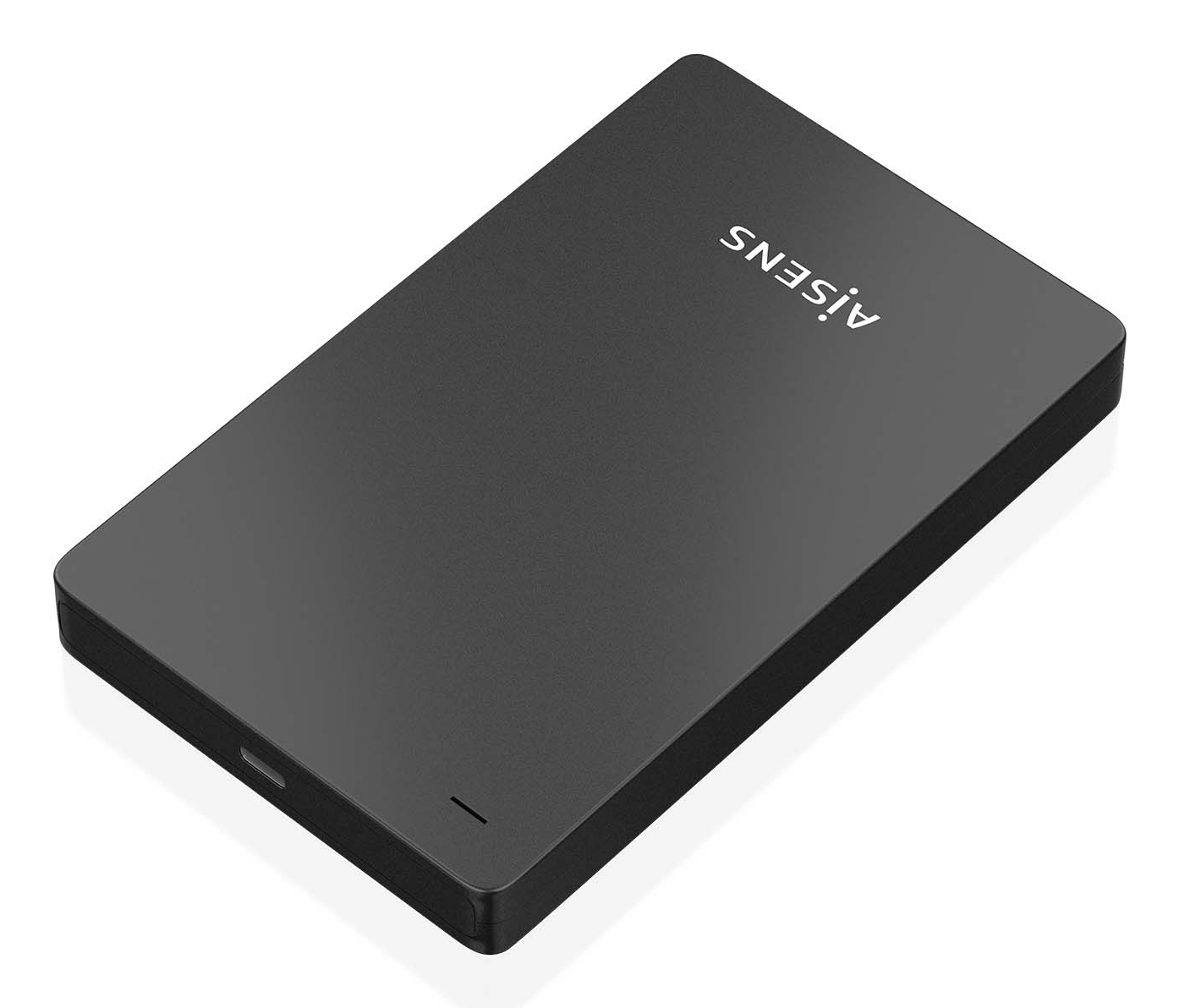 Un disco duro externo negro con la marca "AISENS" en blanco. Es rectangular con esquinas redondeadas.