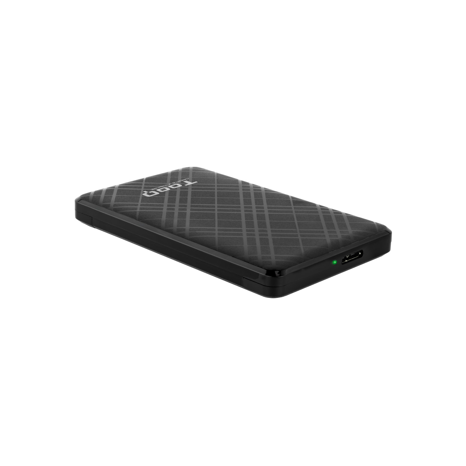 Un disco duro externo negro con superficie texturizada. Visible la marca "Tooq". Una luz verde indica actividad.