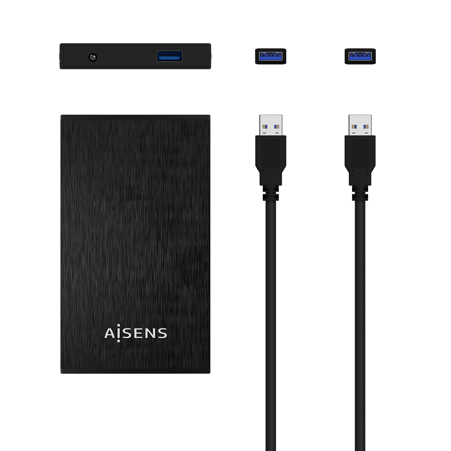 Disco duro externo negro con cables y puertos USB. La marca 'AiSens' es visible en el disco.