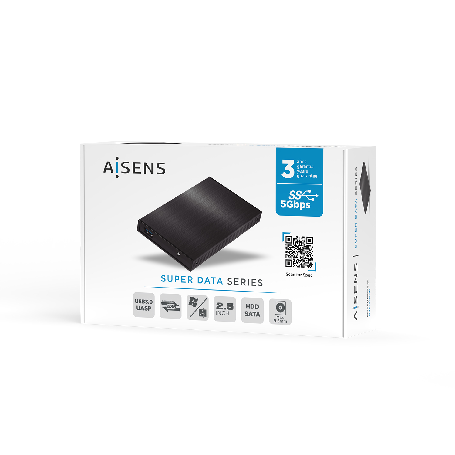 Disco duro externo negro en una caja blanca, marca AISENS. Incluye USB 3.0, 2.5 pulgadas y 3 años de garantía.