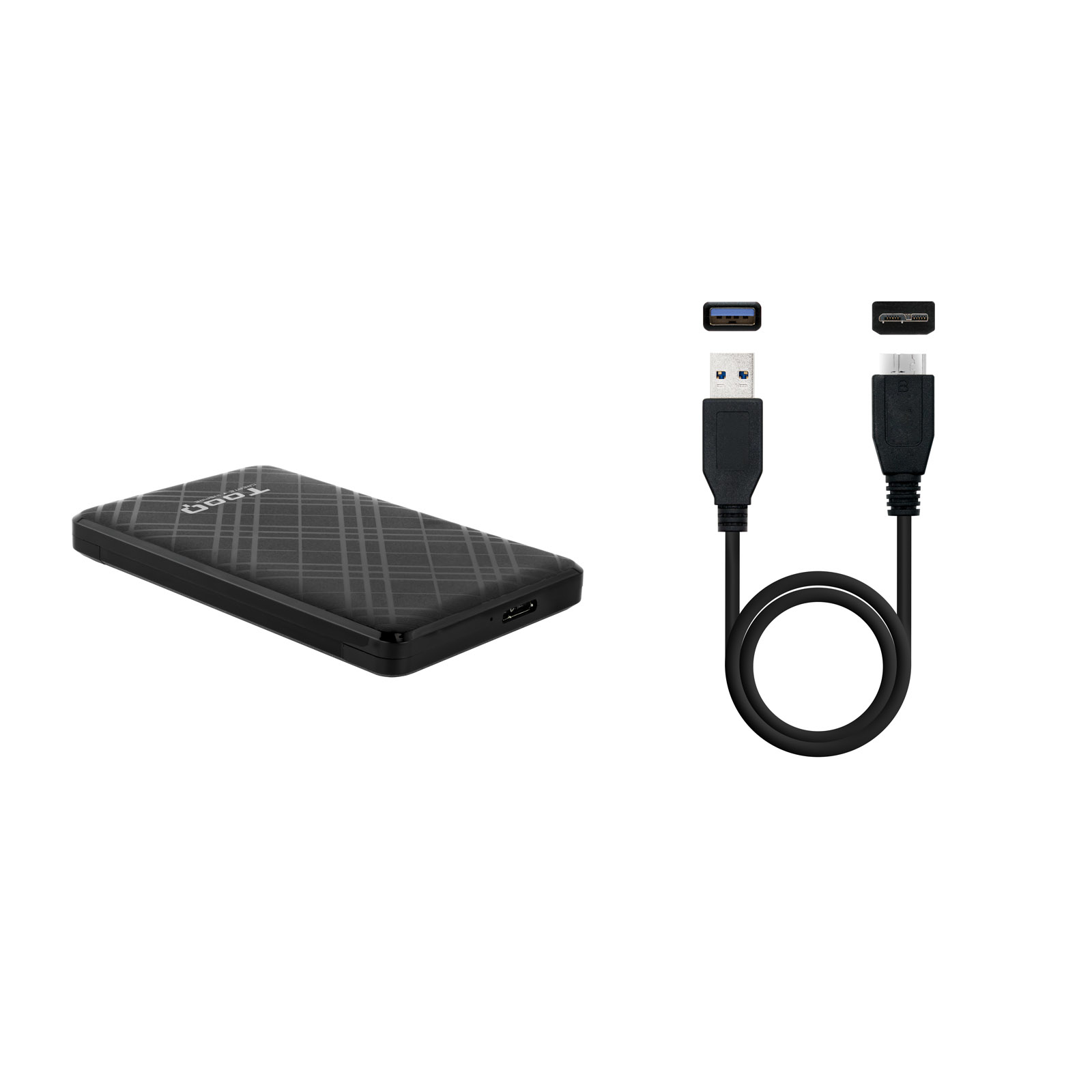 Disco duro externo negro con parte superior estampada y cables USB con diferentes conectores, todo sobre fondo blanco.