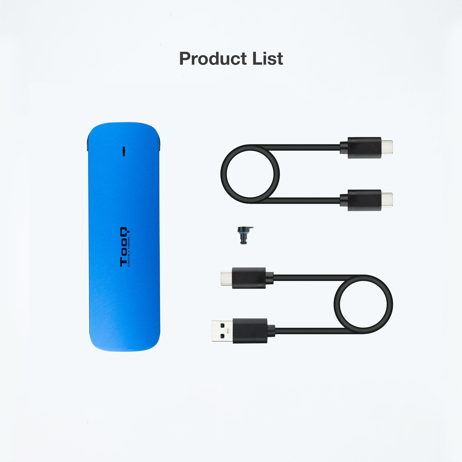 La lista de productos incluye un dispositivo azul, cables negros y un tornillo pequeño sobre fondo blanco. El texto 'Product List' está arriba.