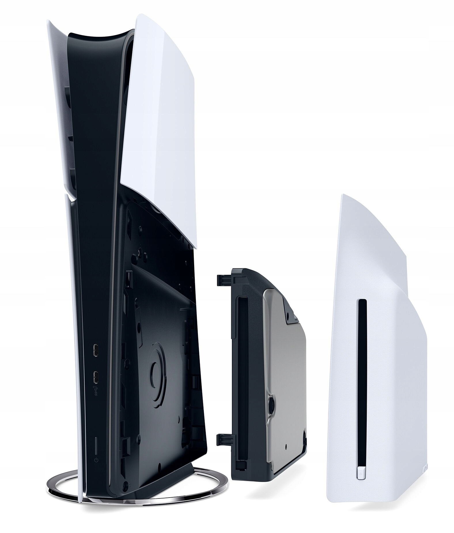 Konsola PS5 zdemontowana, pokazująca białe panele boczne, czarne wnętrze oraz srebrną podstawę i napęd. Białe tło.