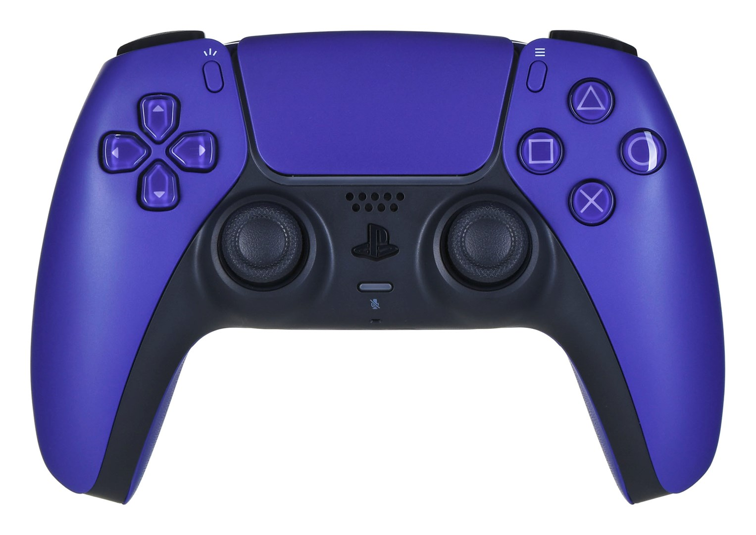 Un controller PlayStation 5 viola e nero. Ha pulsanti con simboli e due joystick. Lo sfondo è bianco.