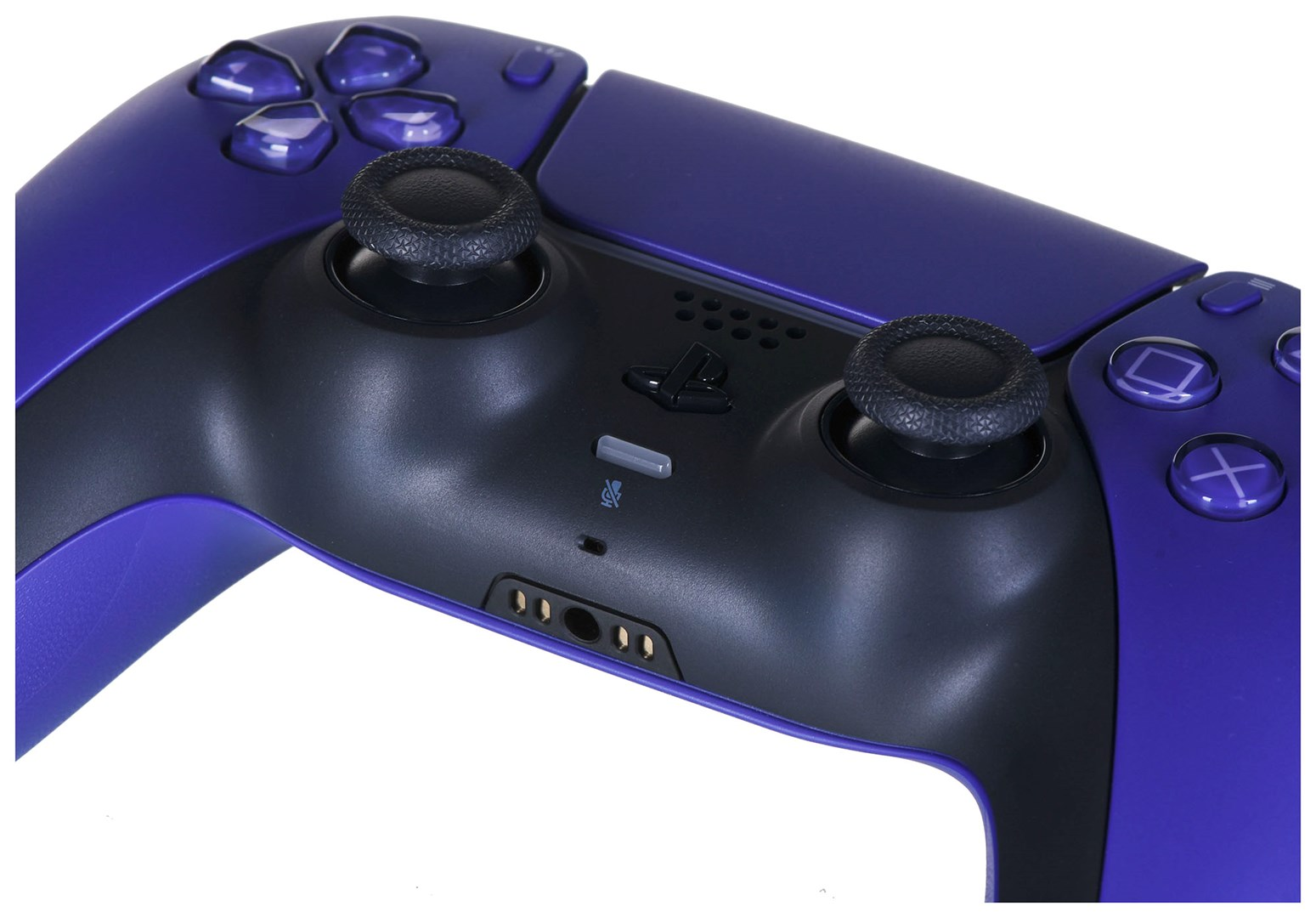Primo piano di un controller di gioco viola e nero. Ha due joystick neri e diversi pulsanti viola.