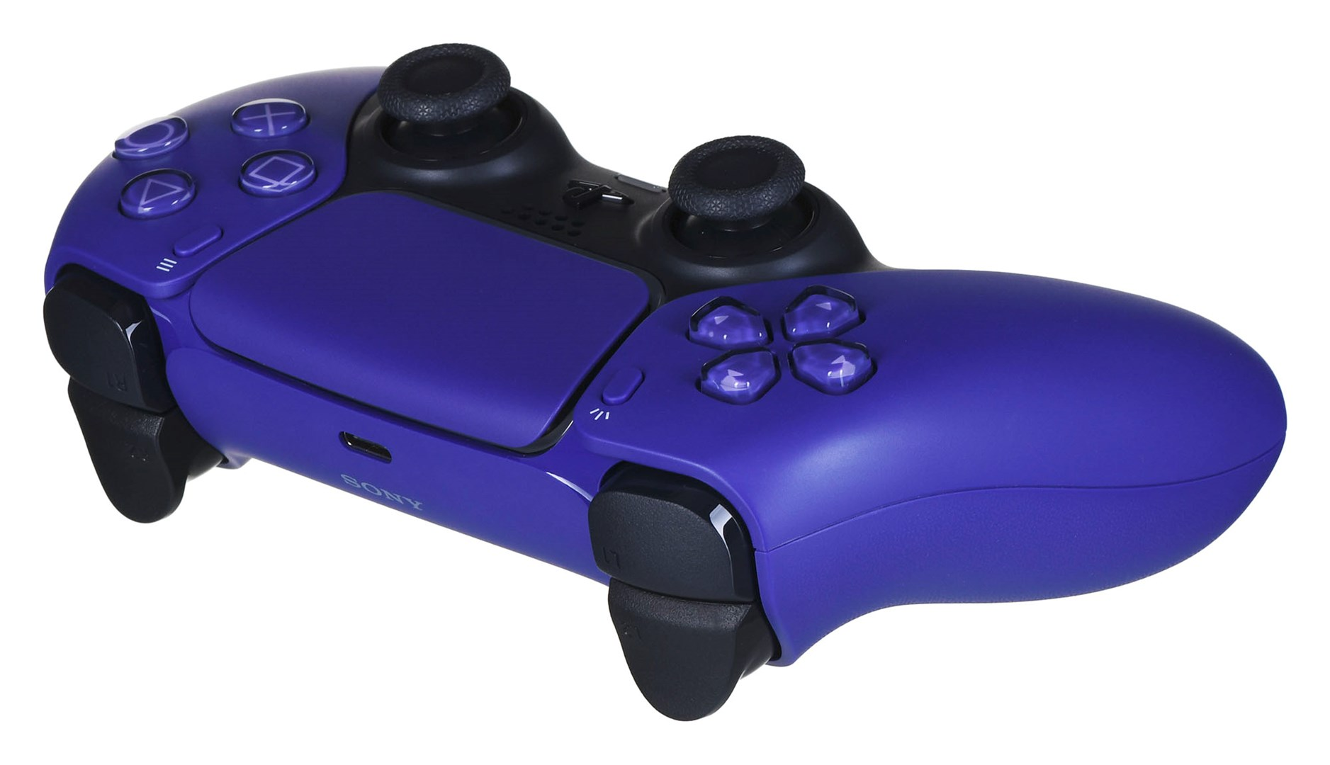 Un controller DualSense viola per PlayStation 5. Ha levette e pulsanti neri. Il logo Sony è visibile.