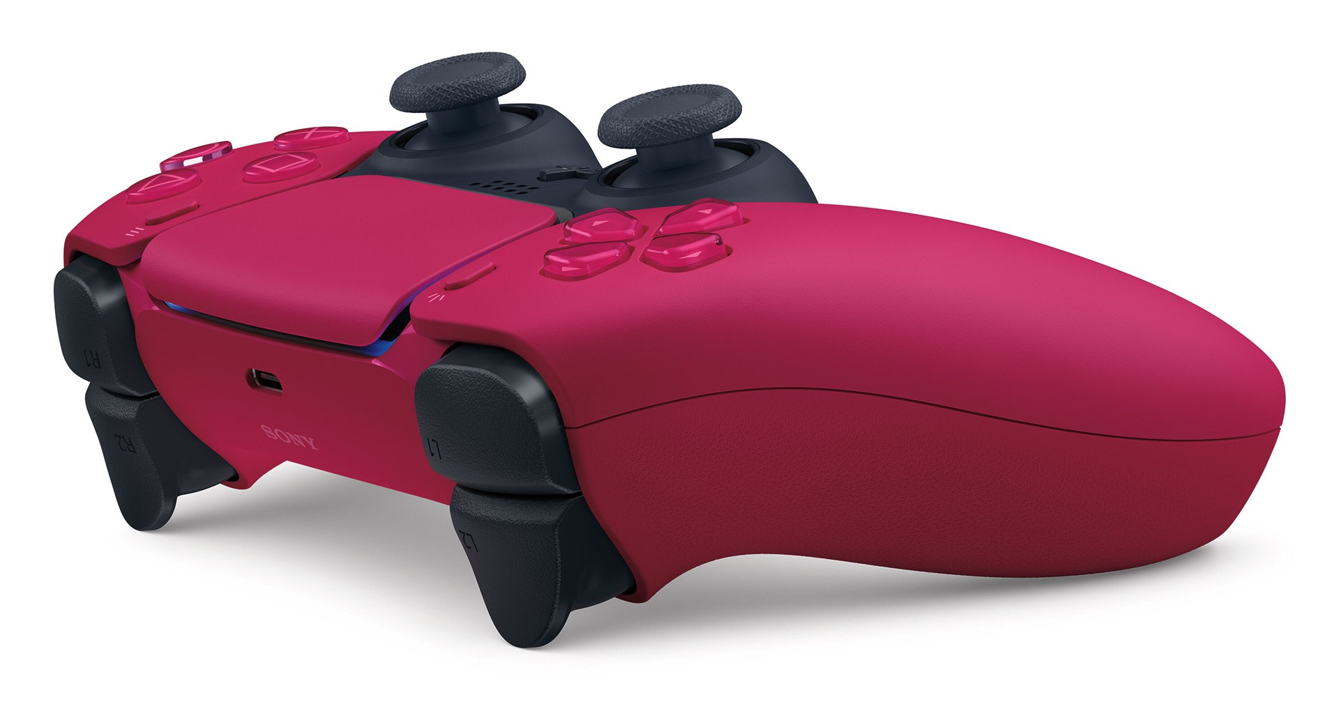 Kontroler PlayStation 5 w kolorze malinowym. Ma czarne joysticki i przyciski. Widoczne jest logo Sony.