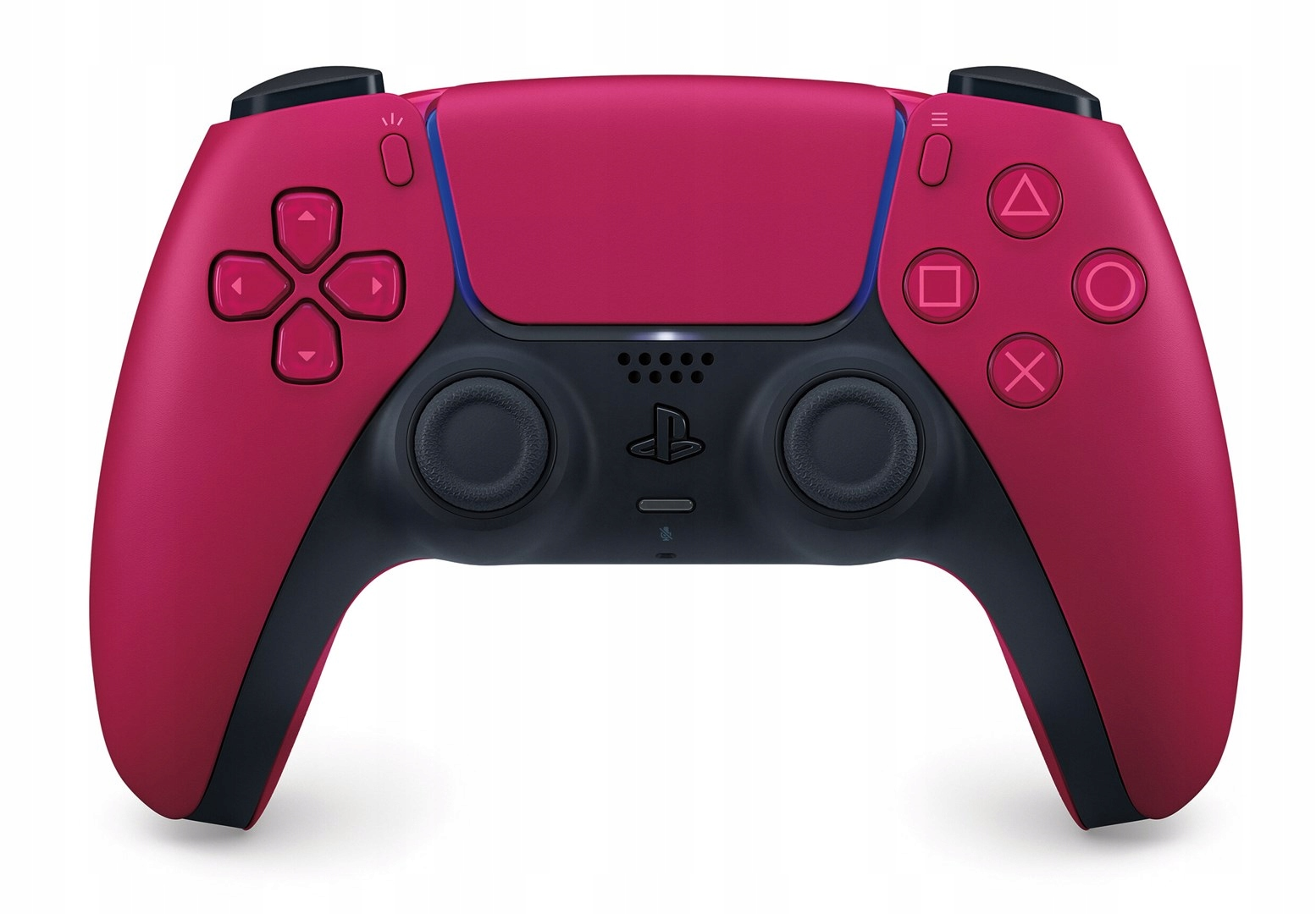 Czerwony kontroler DualSense. Posiada przyciski, krzyżak, gałki analogowe i symbol PlayStation.