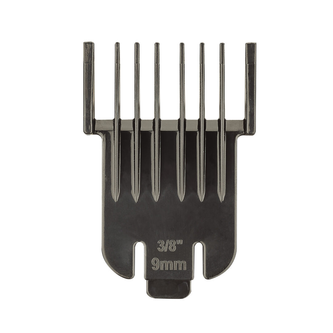Un protector negro para cortapelos con 7 dientes verticales. Está etiquetado como '3/8" 9mm'.