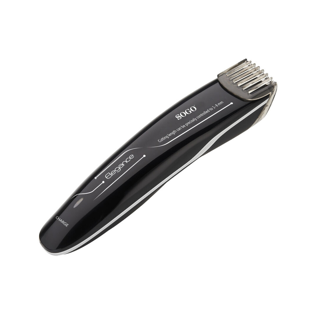 Un tagliacapelli SOGO Elegance nero su sfondo bianco. Ha una lama argentata e un design bianco. Il testo 'CHARGE' è visibile.