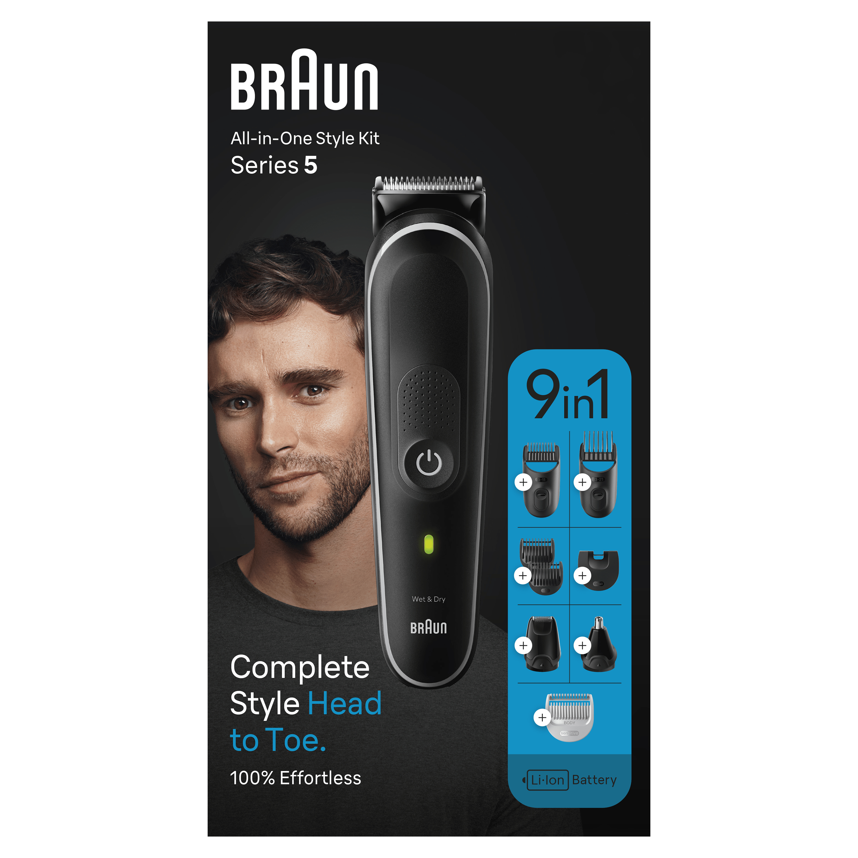 Annuncio del kit Braun Series 5. Mostra il prodotto, il volto di un uomo e gli accessori.